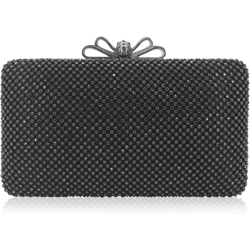 ⚡ Women's Rhinestone Crystal Bow‎ Clasp Metal Chain Evening Black Clutch Handbag